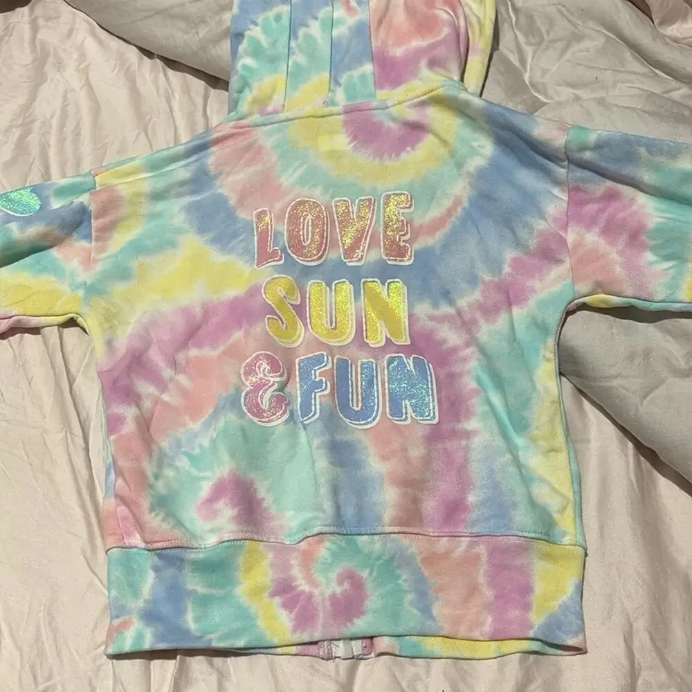 365 kids 7 Colorful Tie-Dye Kids unicorn Hoodie full front zip euc